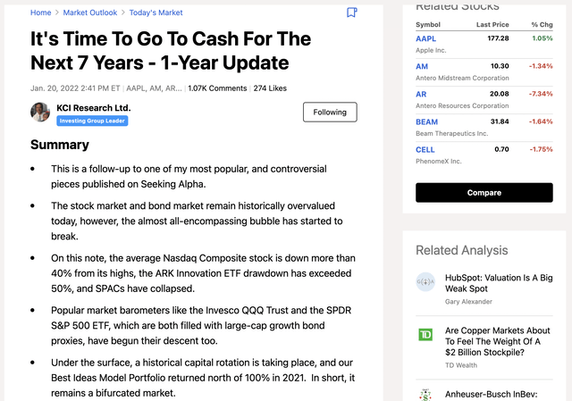 Screen snapshot of author's January 20th, 2022 article on Seeking Alpha, titled, "It's Time To Go To Cash For The Next 7 Years - 1-Year Update".