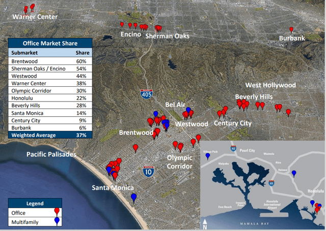Map of L.A. and insert map of Honolulu, illustrating clusters of DEI holdings